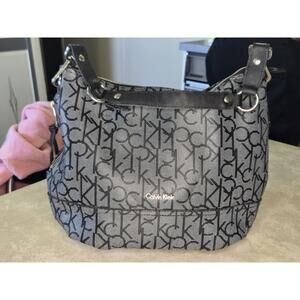 Calvin Klein monogram logo faux leather gray and black hobo bag